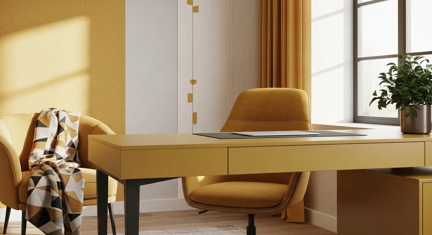 Modern mustard home office with sleek desk, upholstered chair, and sunlit window.