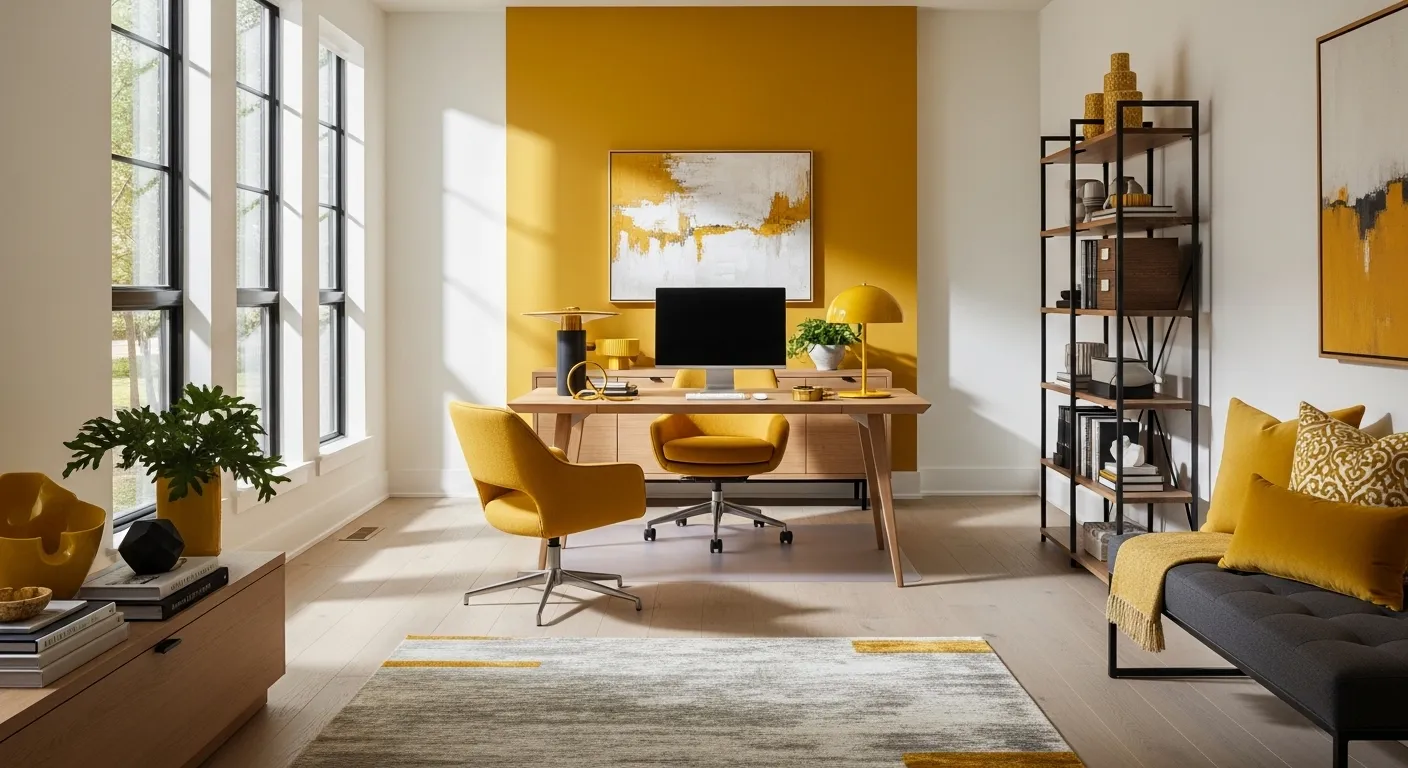 Modern home office with mustard accent wall, desk, and yellow chairs.