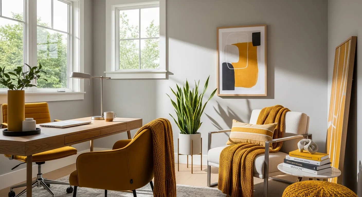 Modern home office with mustard chair, cozy throw, and abstract art