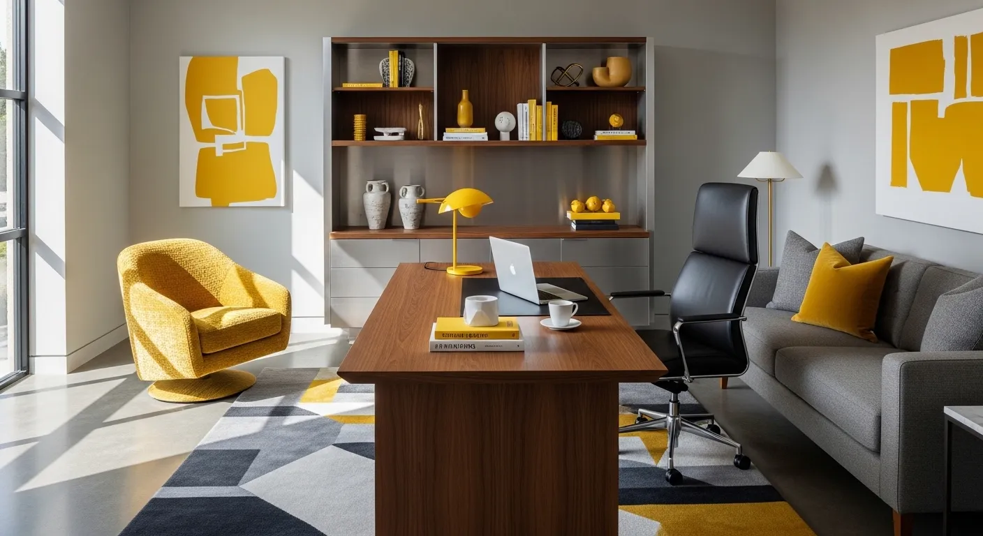Modern home office with mustard chair, walnut desk, gray sofa, and art