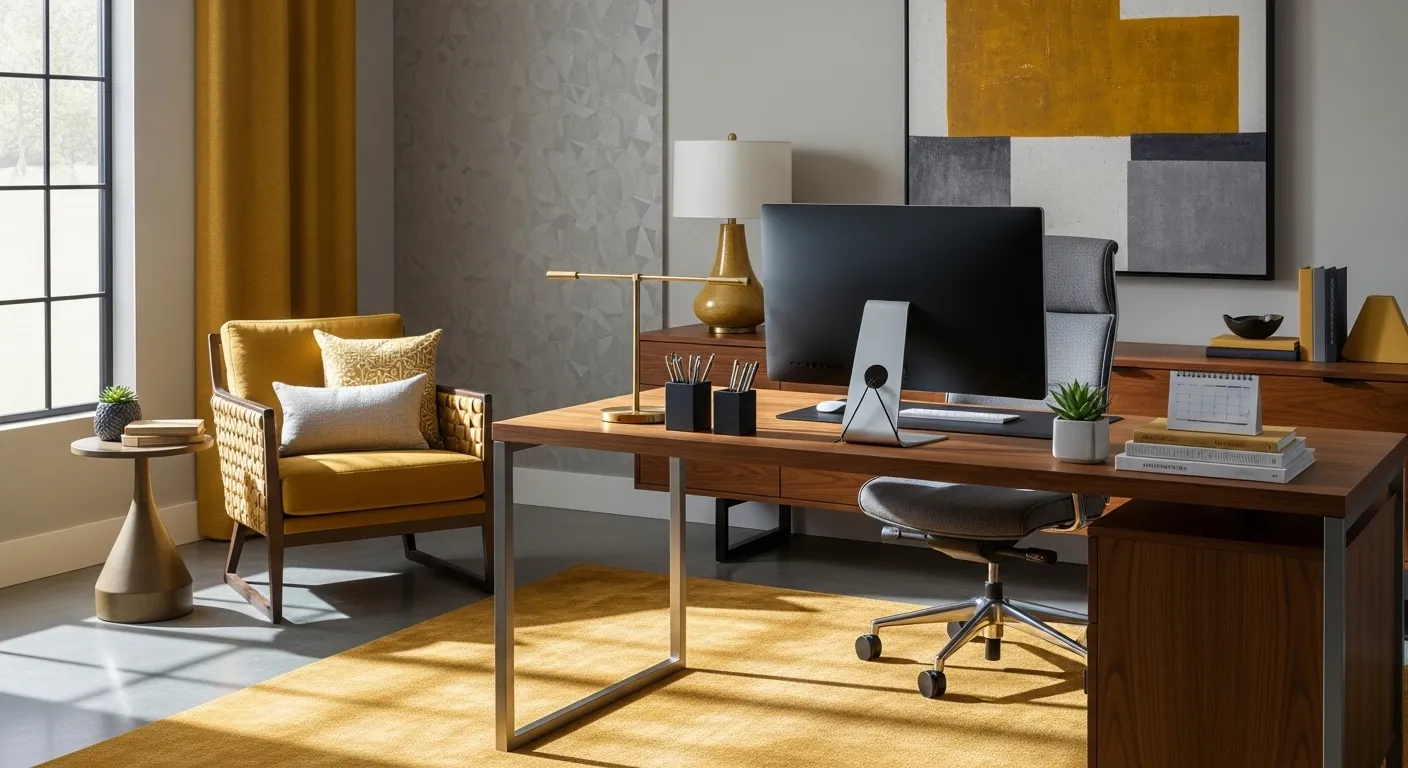 Modern home office with mustard chair, wood desk, and abstract wall art