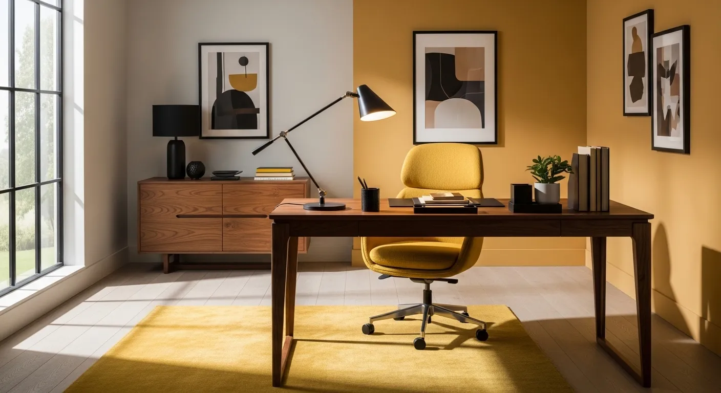 Modern home office with mustard accent wall, yellow chair, and wood desk