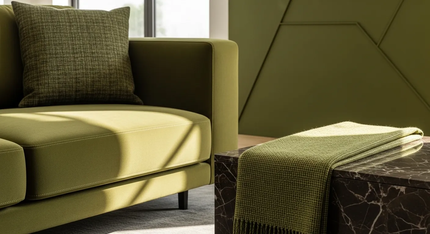 Olive green modern sofa beside dark marble coffee table in sunlight