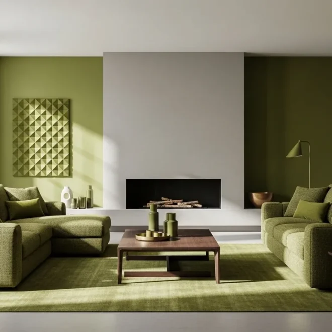 Modern olive green living room with sectional sofa, fireplace, and wood coffee table