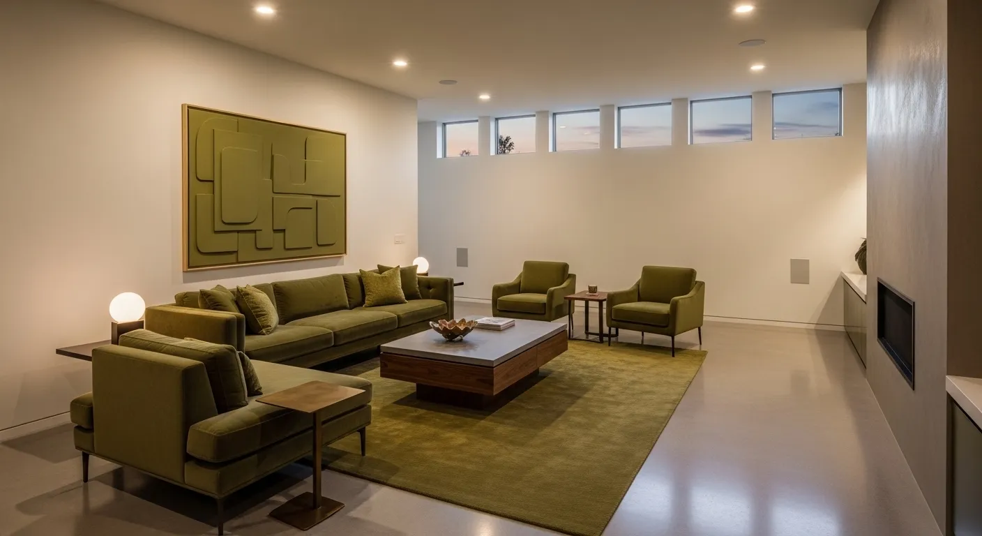 Modern living room with olive green sofa, chairs, rug, and wall art