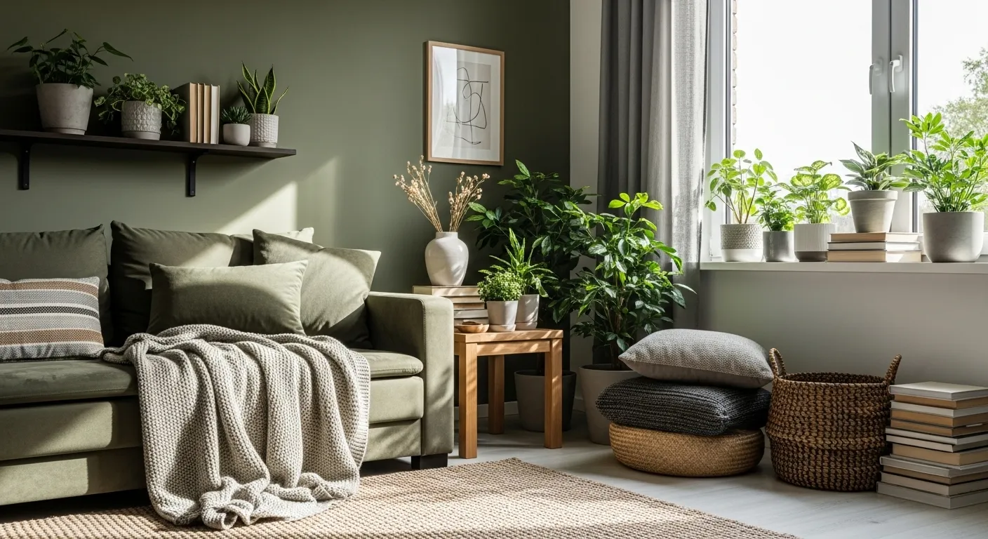 Modern olive green living room with sofa, plants, woven baskets, and sunlight