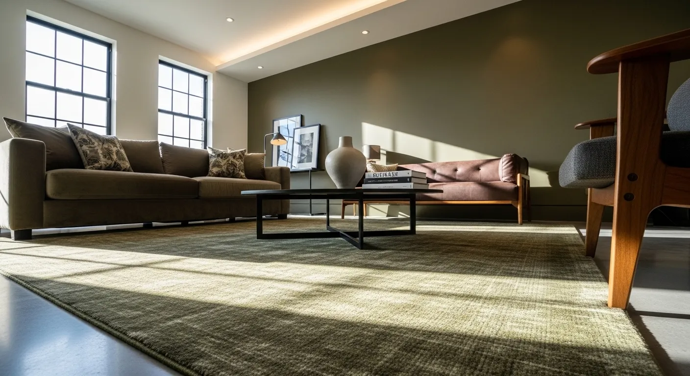 Modern living room with olive green wall, sectional sofa, and low coffee table