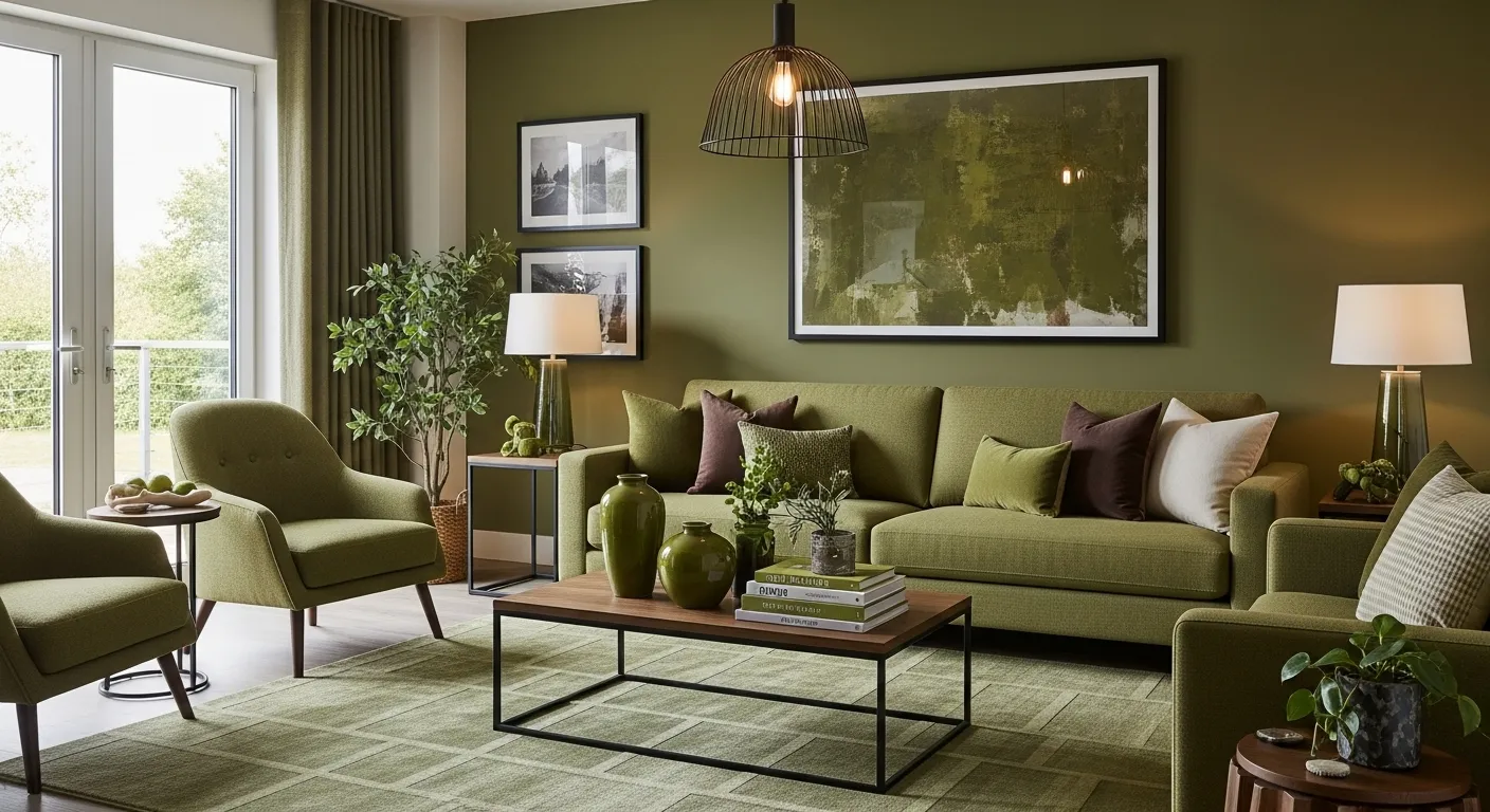 Modern olive green living room with sofa, accent chairs, and layered lighting