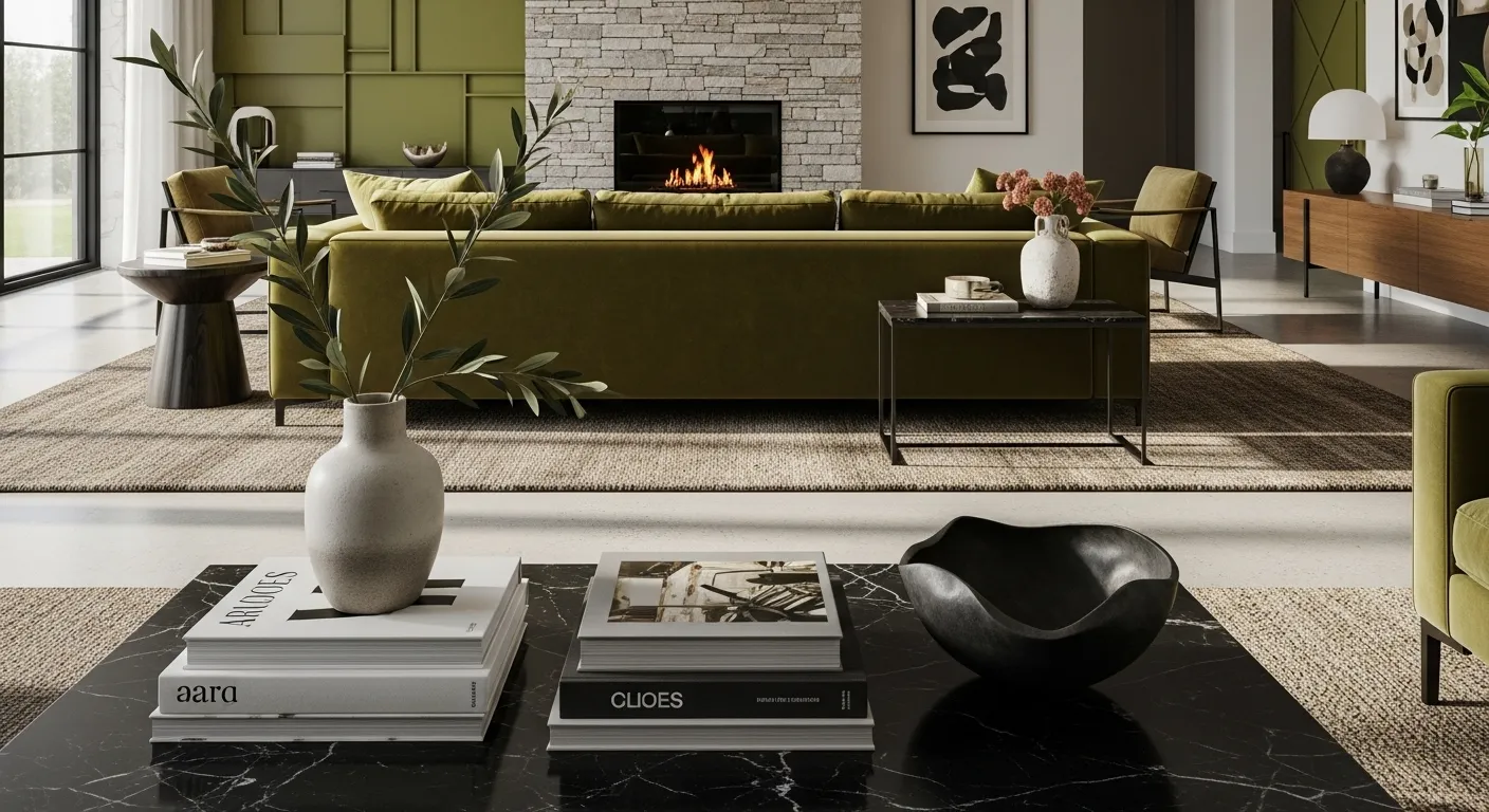 Modern living room with olive green sofa, stone fireplace, and black coffee table
