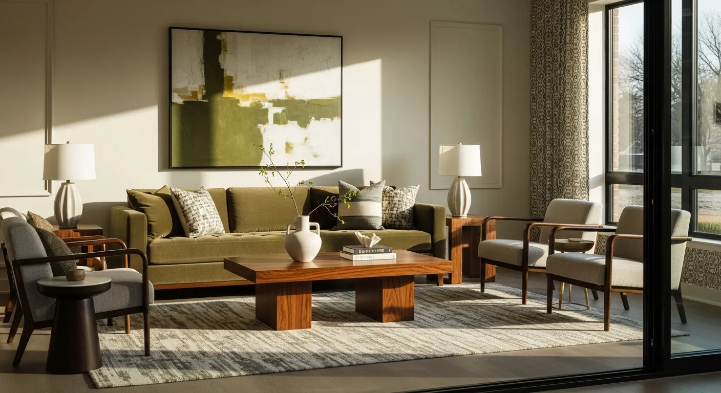 Modern living room with olive sofa, wood coffee table, and neutral chairs