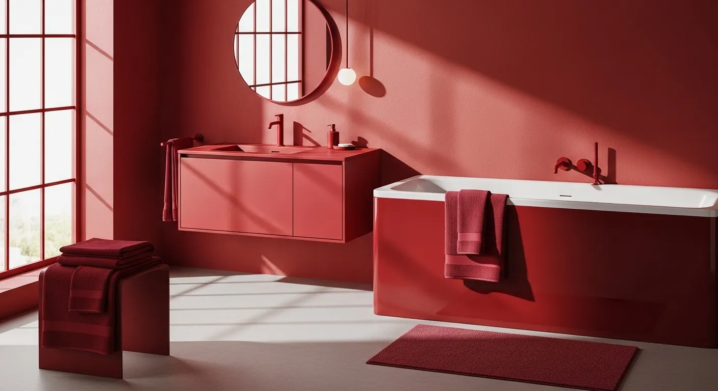 Sleek minimalist bathroom featuring bold red tiles and white fixtures