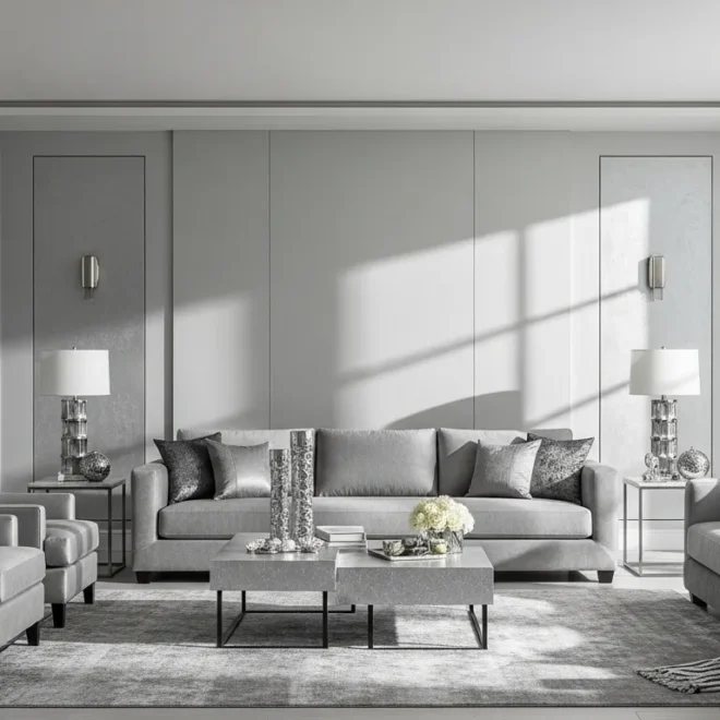 Sleek modern living room featuring silver metallic accents and plush gray seating