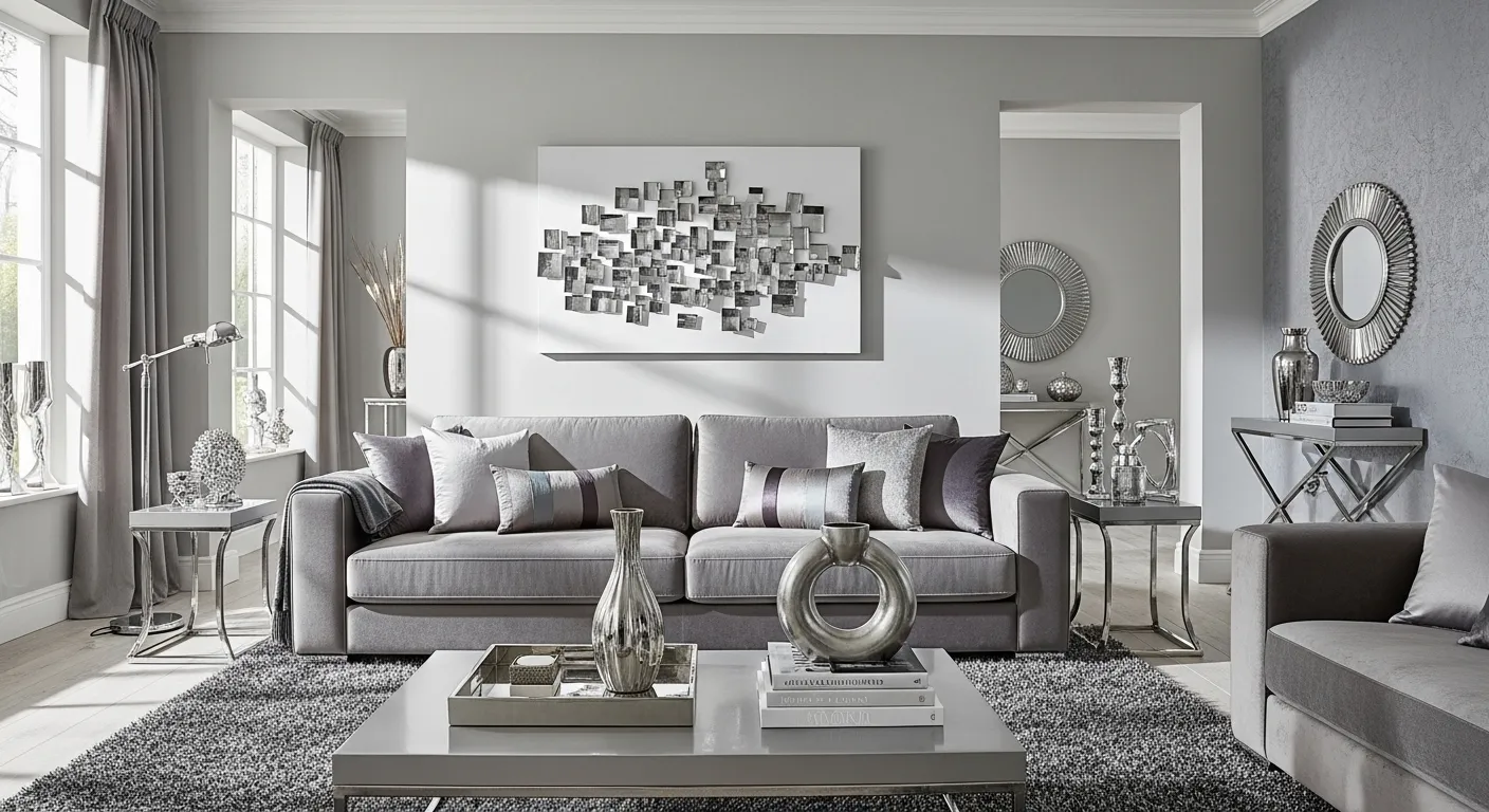 Modern living room featuring a silver velvet sofa and sleek chrome coffee table accents