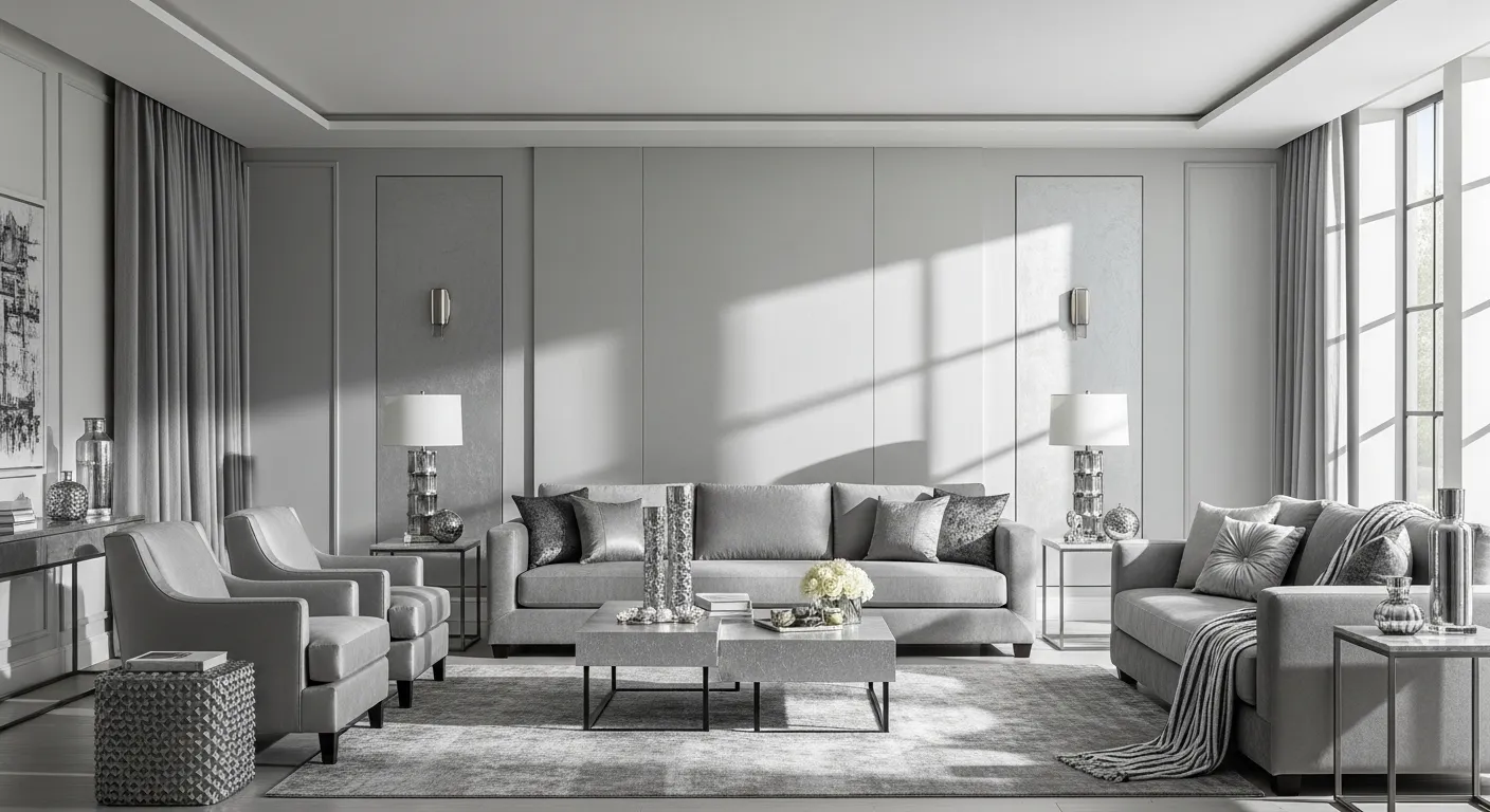 Sleek modern living room featuring silver metallic accents and plush gray seating