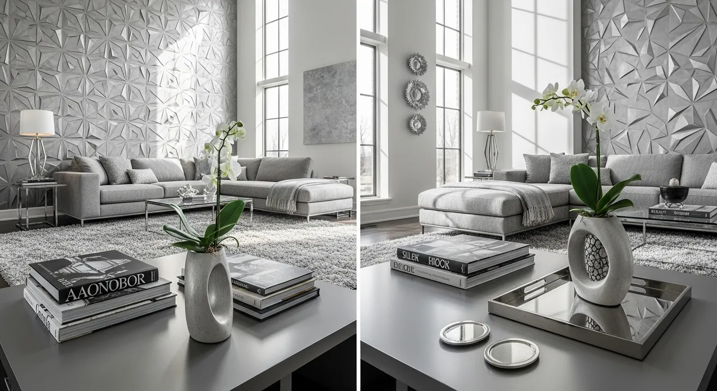 Modern living room featuring a plush silver sofa and sleek chrome decor accents