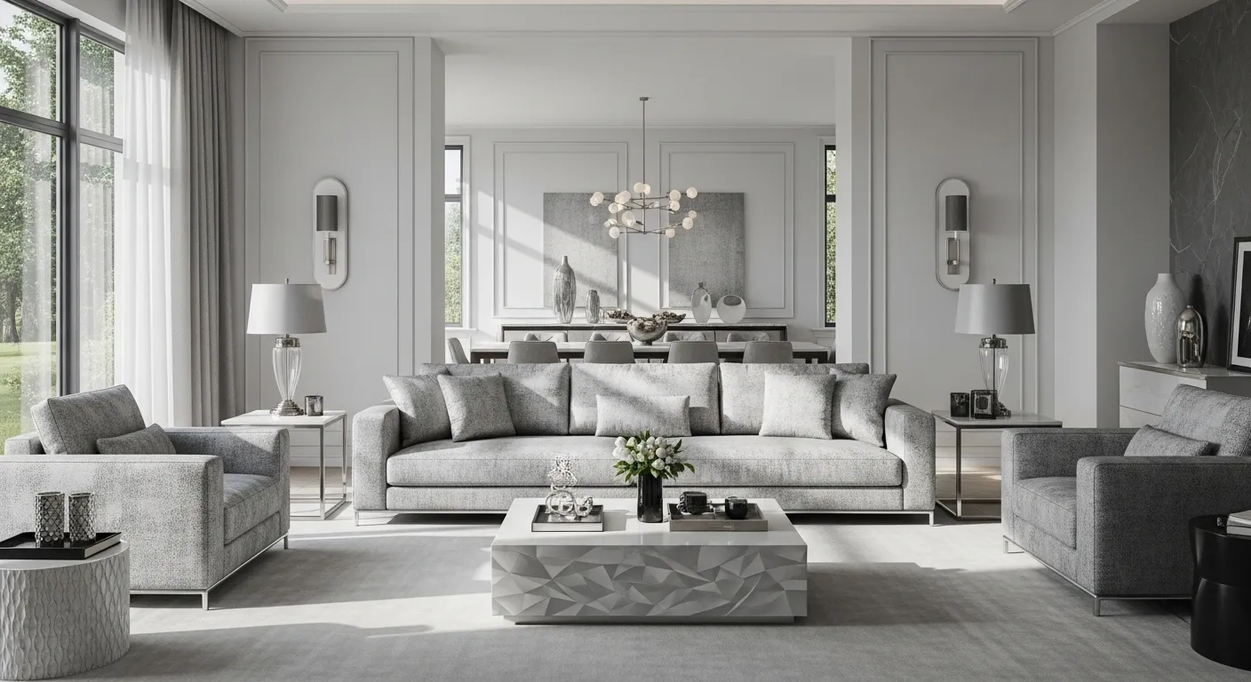 Sleek modern living room featuring silver velvet sofa and chrome coffee table accents