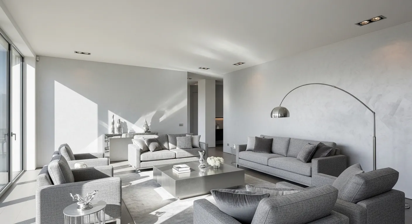 Modern living room featuring silver velvet sofa, metallic accents, and sleek decor