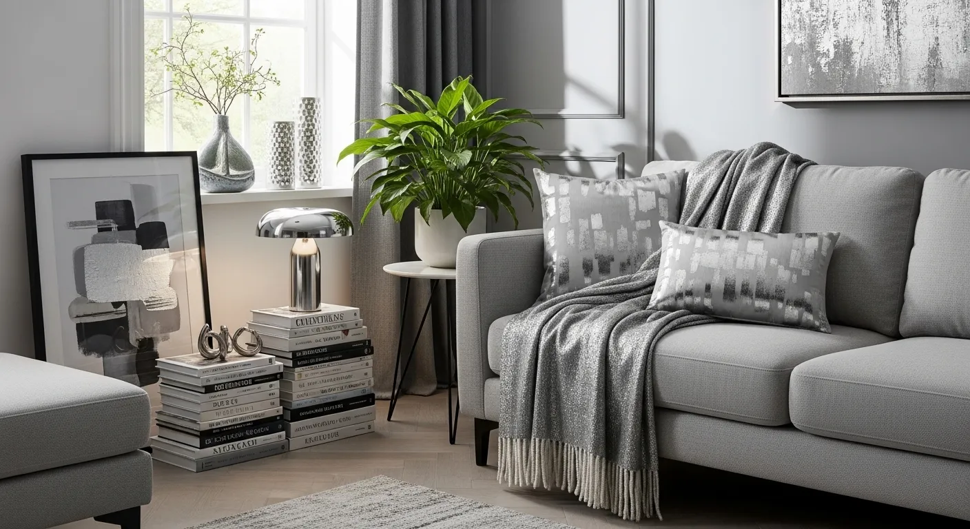 Modern living room featuring silver velvet sofa, chrome accents, and grey decor