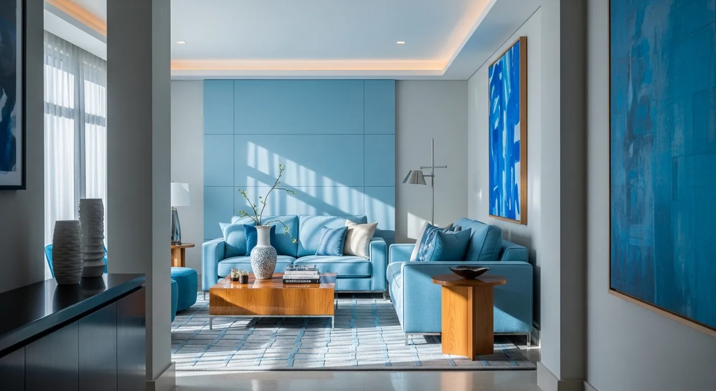 Modern living room featuring a plush sky blue sofa and minimalist white accents