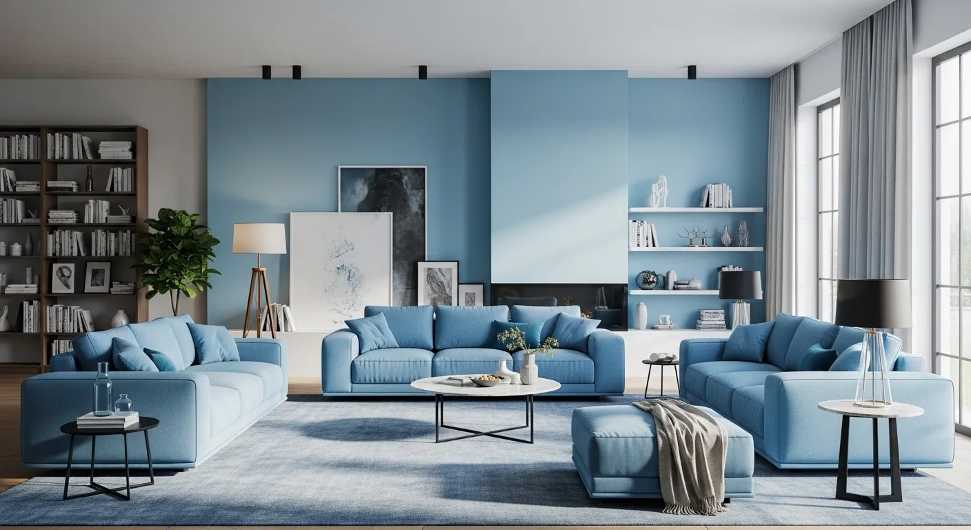 Modern living room featuring sky blue walls and sleek contemporary white furniture