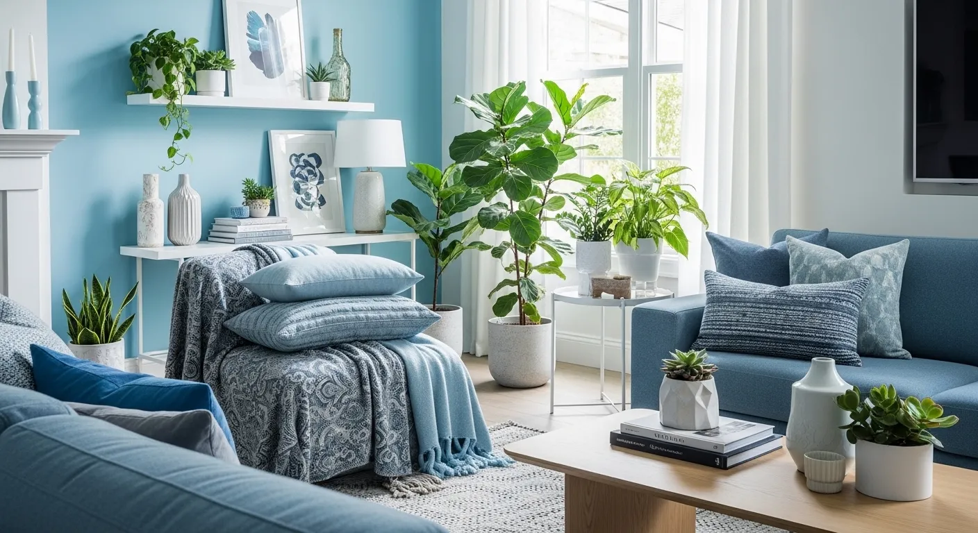 Bright modern living room featuring sky blue walls and contemporary white furniture
