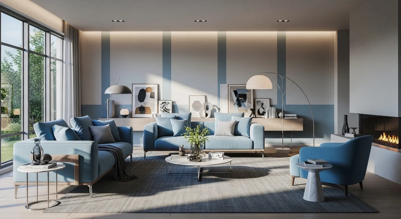 Bright modern living room featuring a sky blue sofa and minimalist white decor