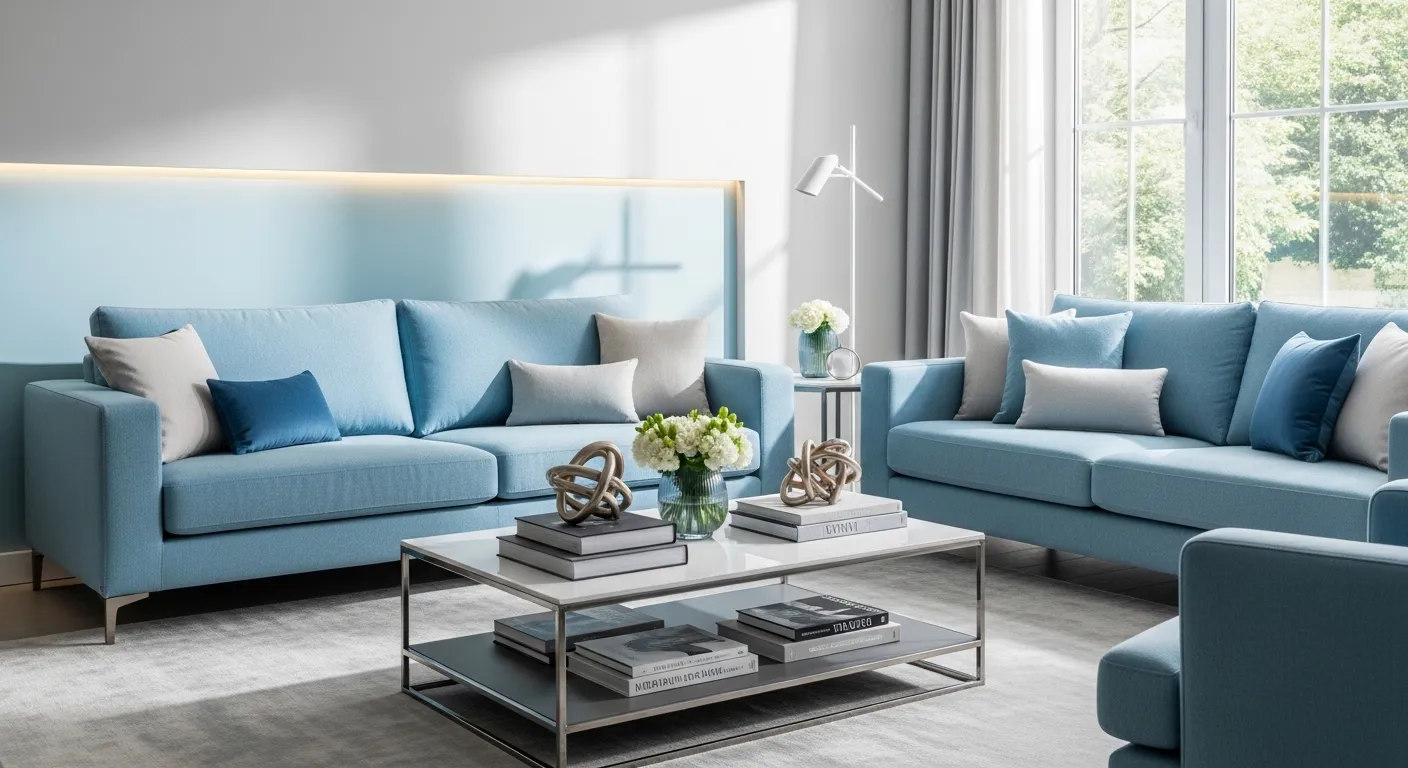 Modern living room featuring a sky blue sofa and minimalist white decor accents