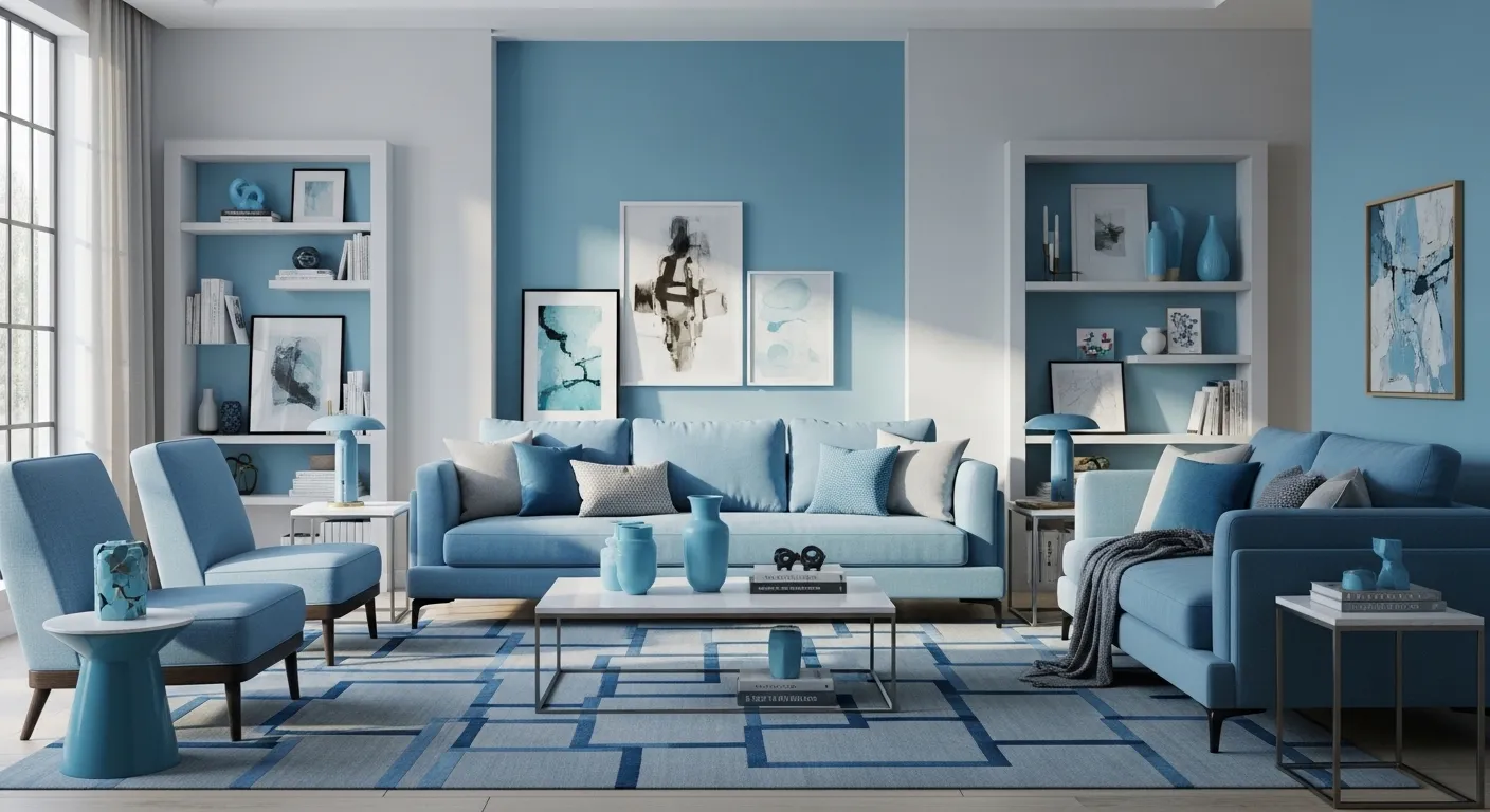 Modern living room featuring a plush sky blue sofa and bright white accents