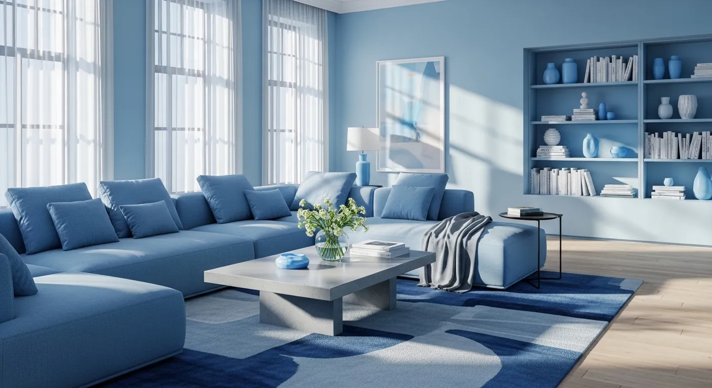 Modern living room featuring a sky blue sectional sofa and bright white minimalist decor