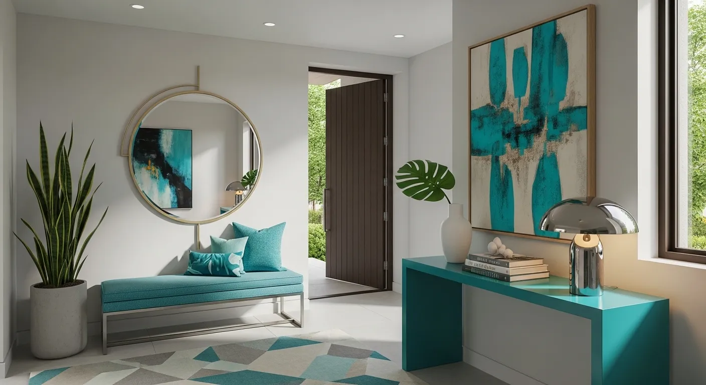 Modern entryway featuring vibrant turquoise walls and sleek minimalist furniture