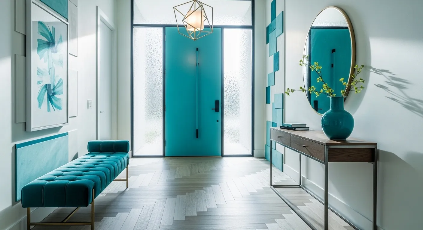 Modern entryway featuring vibrant turquoise walls and sleek minimalist furniture