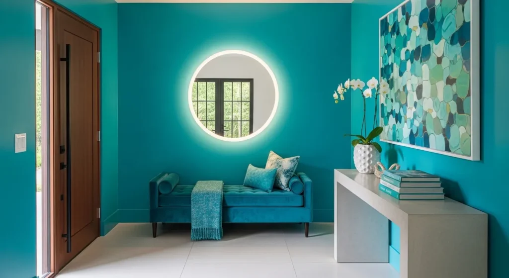 Modern entryway featuring a bold turquoise door, sleek console table, and geometric mirror