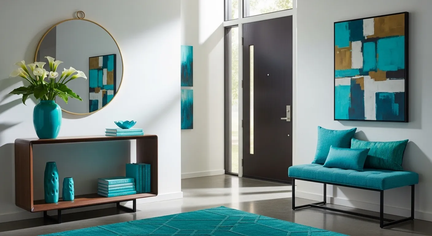 Modern entryway featuring a bold turquoise wall and sleek mid-century console table
