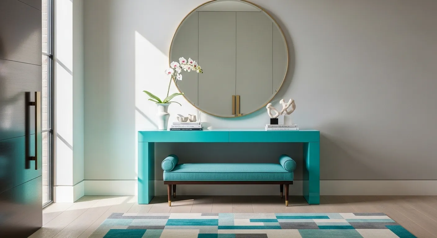 Bright modern entryway featuring a bold turquoise wall and sleek minimal furniture