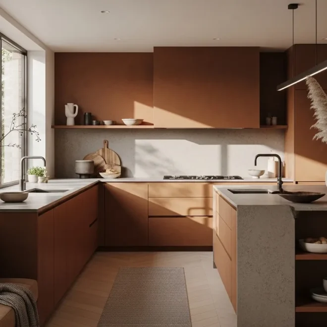 Sleek modern kitchen featuring warm brown cabinetry and minimalist white countertops