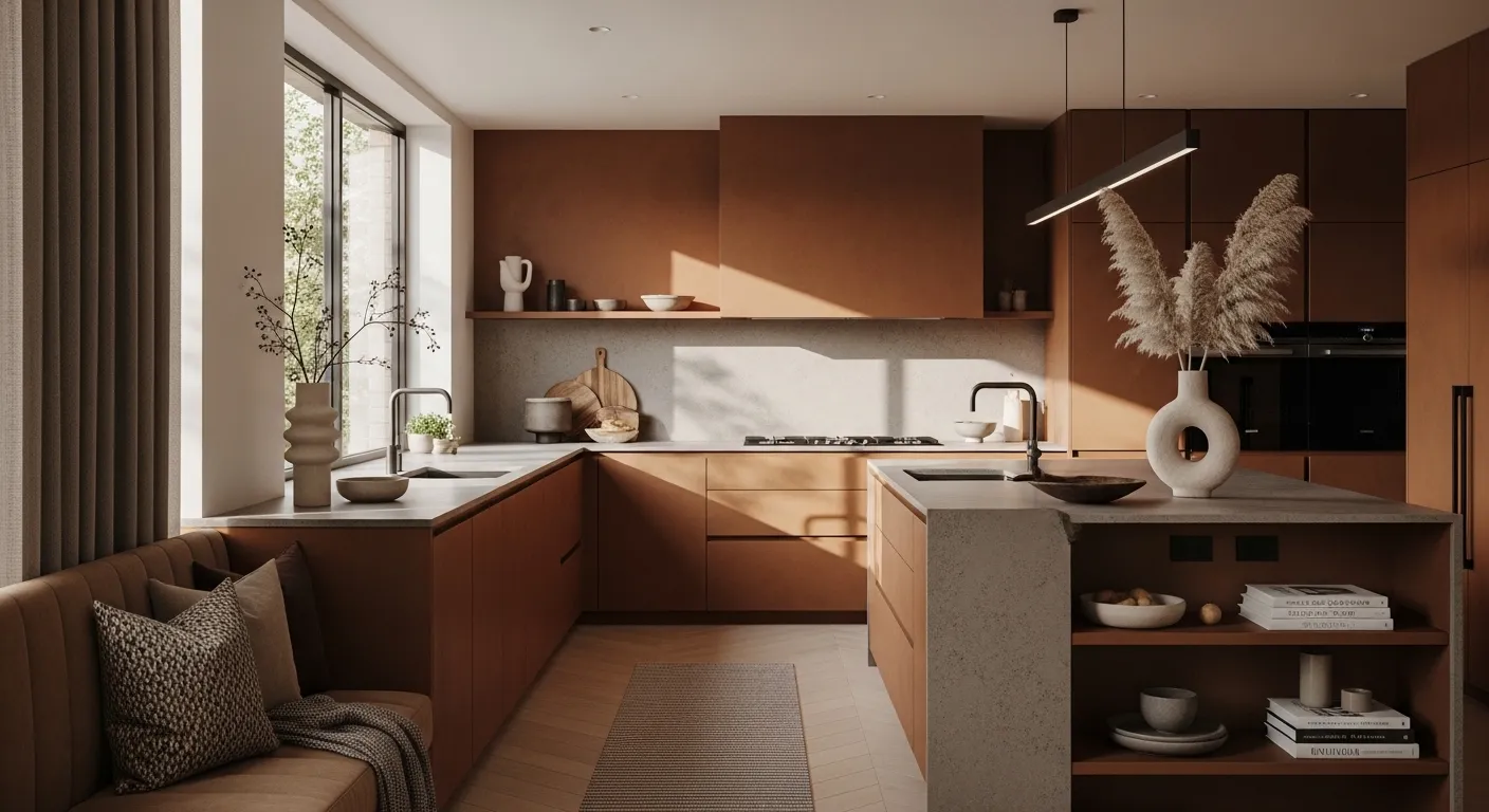 Sleek modern kitchen featuring warm brown cabinetry and minimalist white countertops