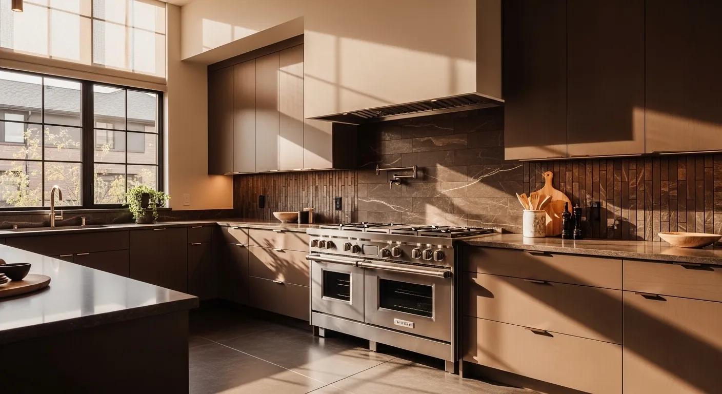Modern kitchen featuring warm brown wood cabinets and sleek stone countertops