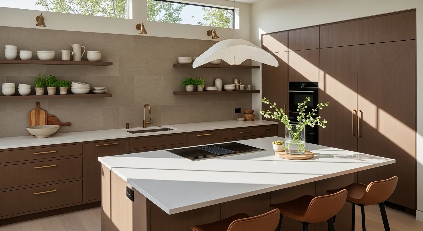 Modern kitchen featuring warm brown wood cabinetry, sleek countertops, and minimalist lighting fixtures