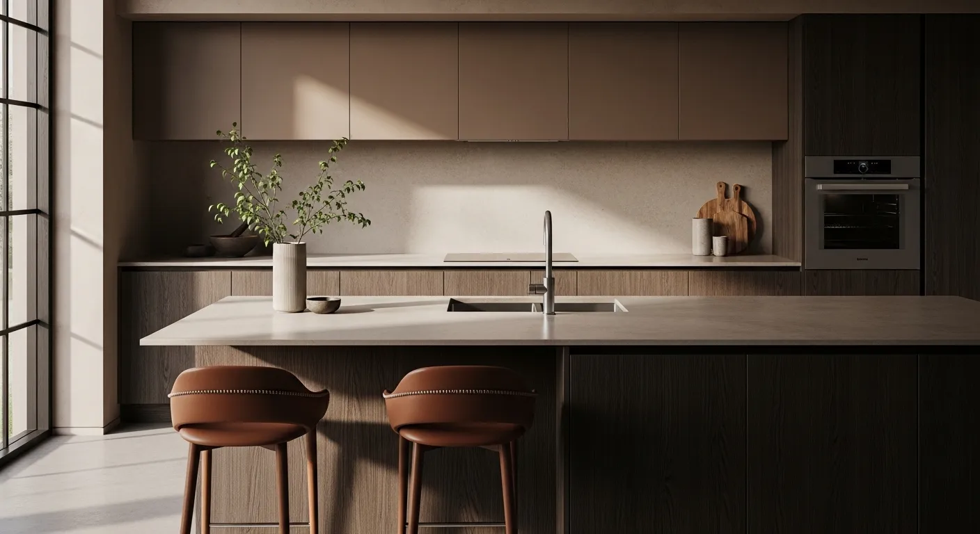 Modern kitchen featuring flat-panel warm brown cabinets and a sleek stone island