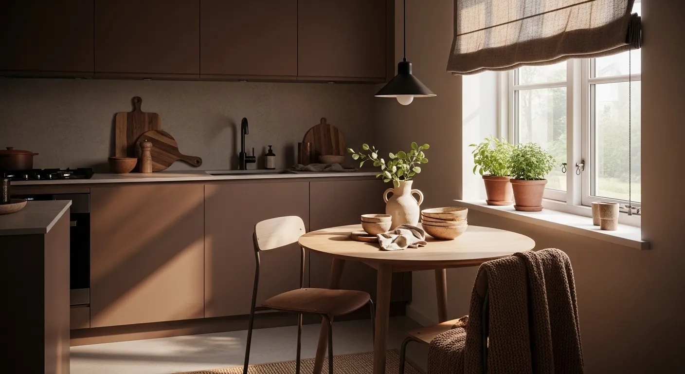 Sleek modern kitchen featuring warm walnut cabinetry and minimalist white stone countertops