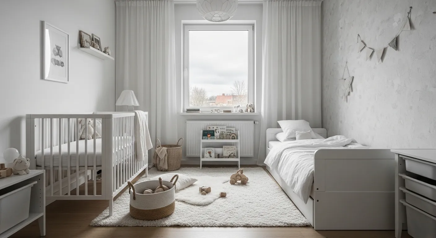 Modern white nursery interior fostering calm psychology and serenity
