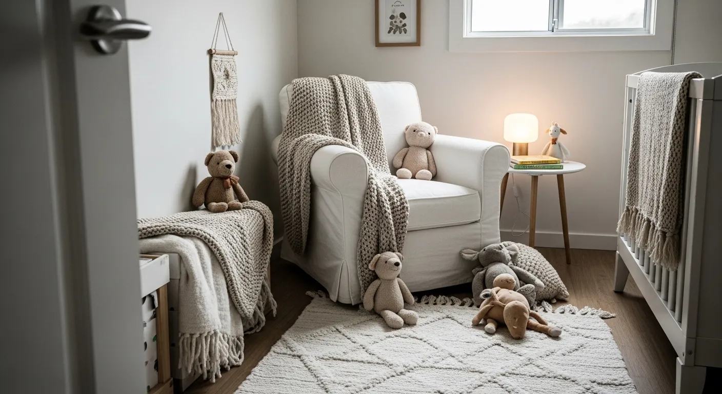 Textured white rug and modern furniture in kids room recreation