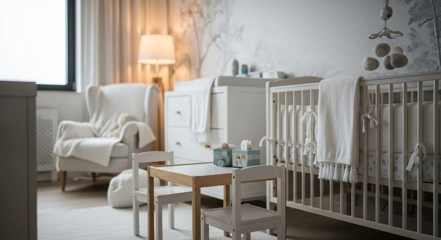 Clean lines and soft lighting in modern white nursery design