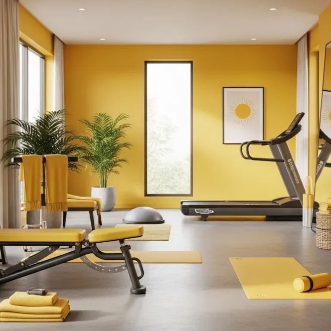 Modern home gym featuring vibrant yellow walls and sleek black exercise equipment