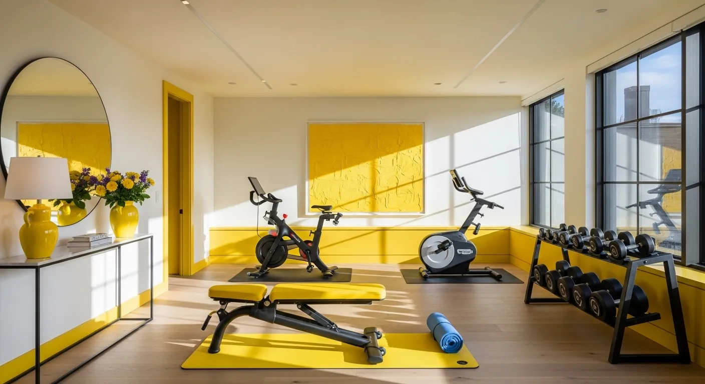 Modern home gym featuring a vibrant yellow accent wall and sleek black workout equipment
