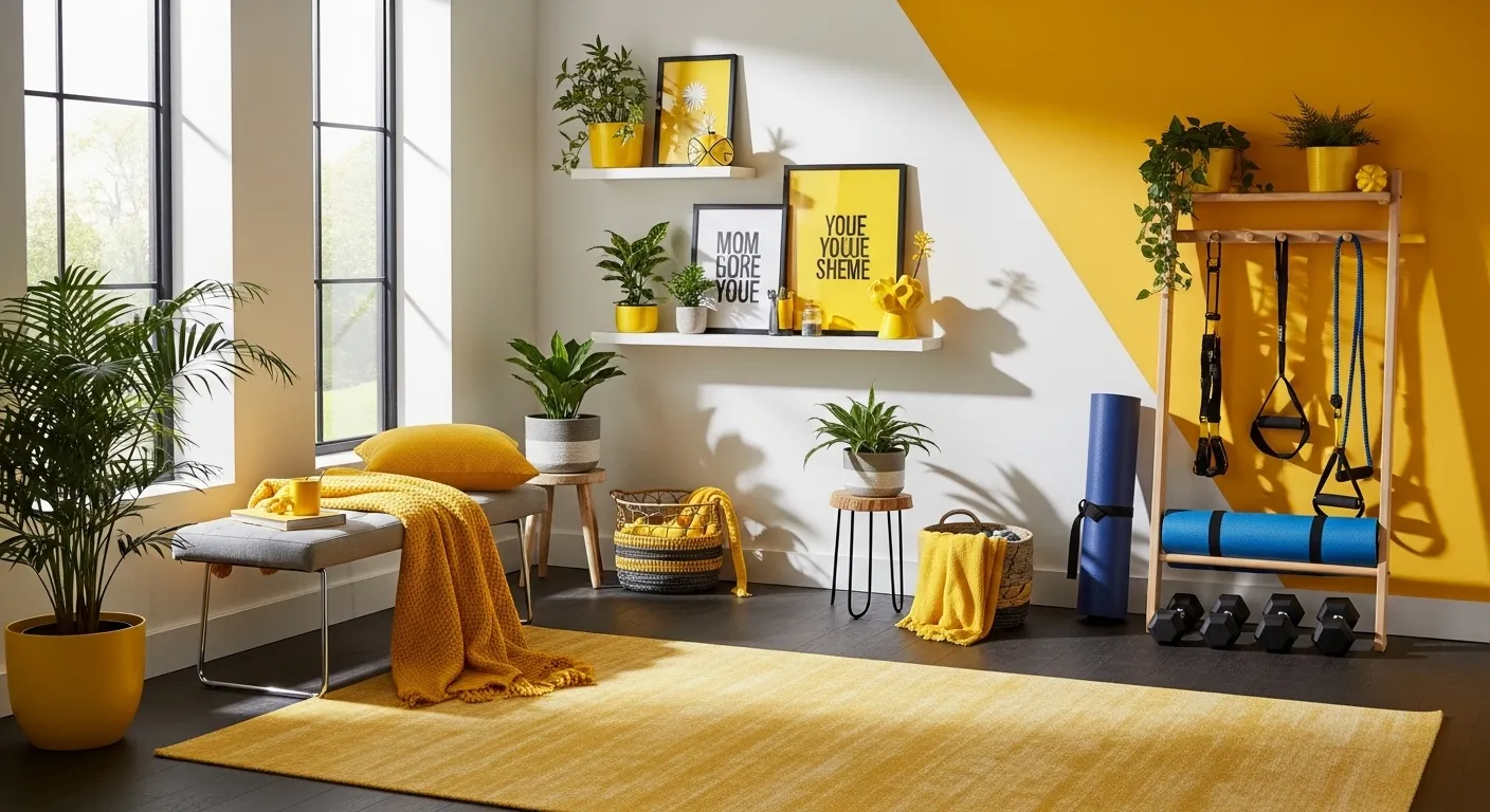 Bright modern home gym featuring a vibrant yellow accent wall and sleek black equipment