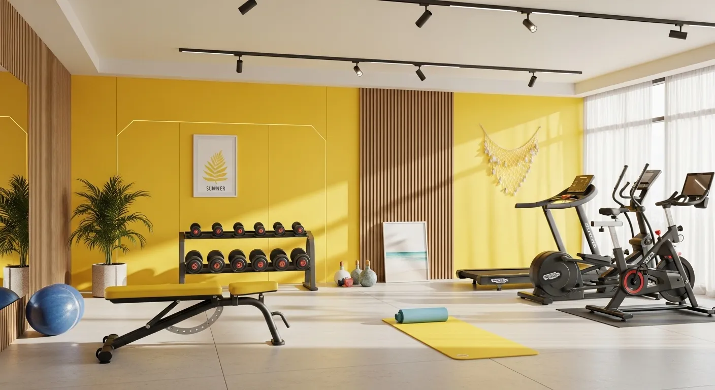 Modern home gym featuring energizing yellow walls and sleek black workout equipment