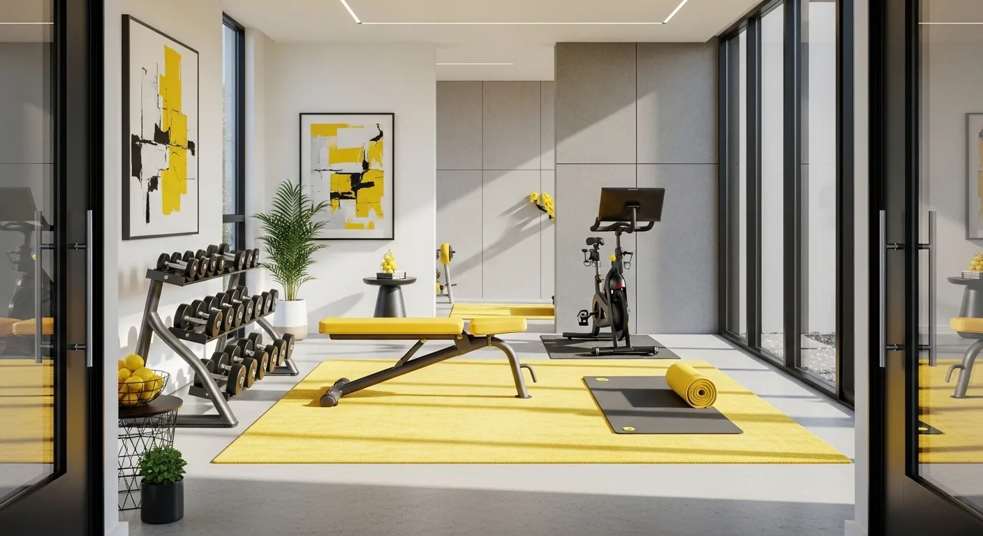 Modern home gym featuring vibrant yellow walls and sleek black fitness equipment