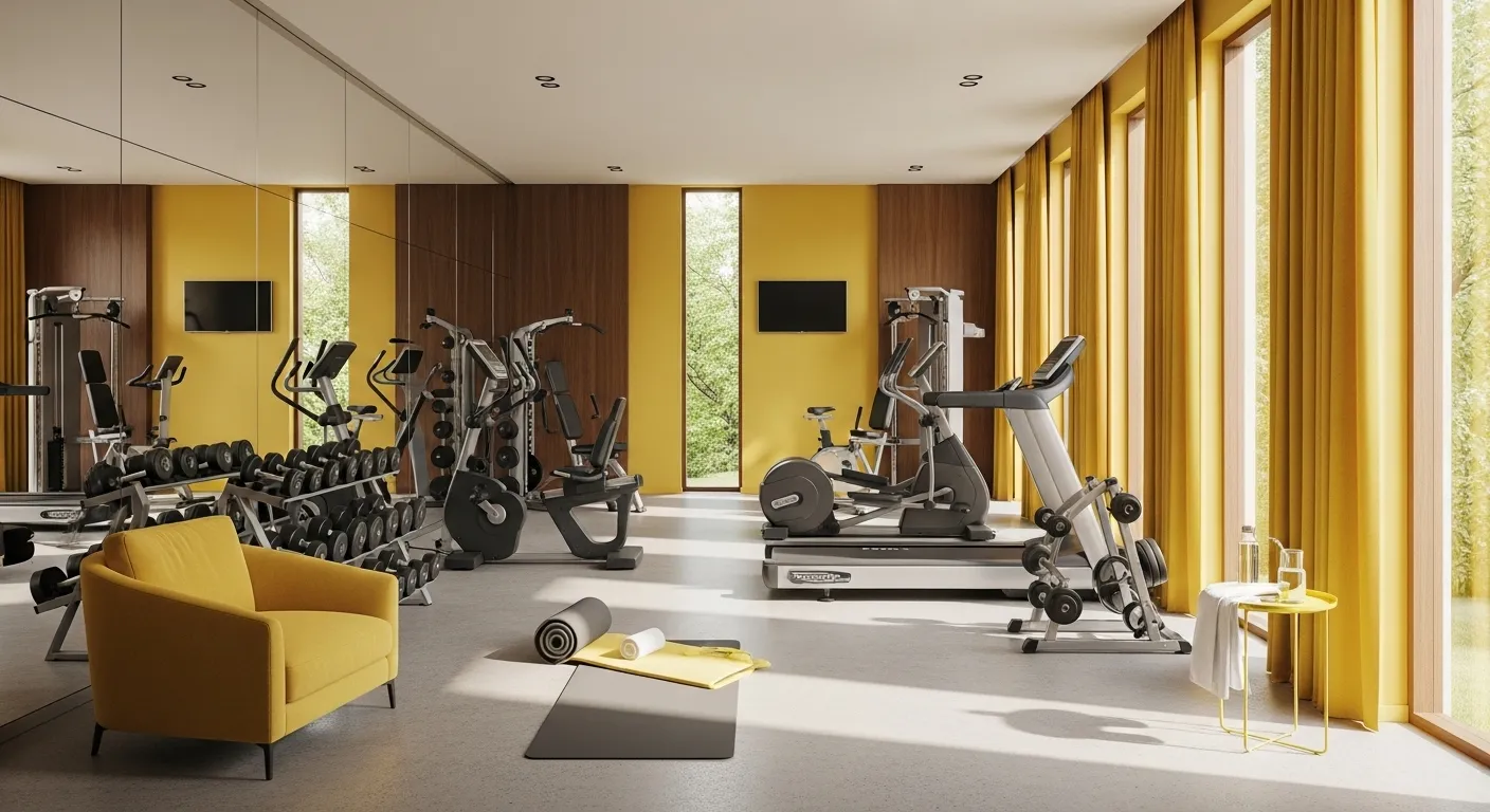 Modern home gym featuring a vibrant yellow accent wall and sleek black fitness equipment
