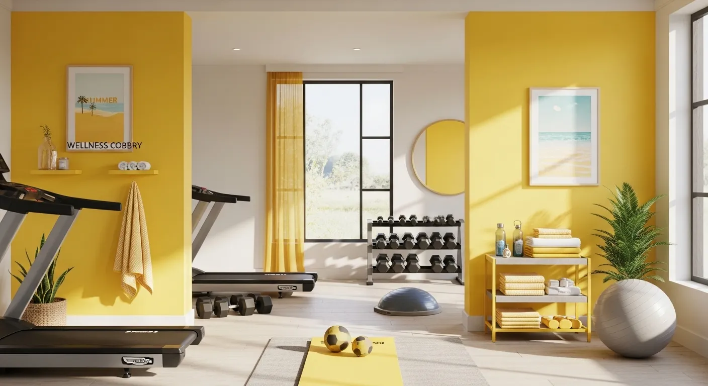 Bright modern home gym featuring vibrant yellow walls and sleek black fitness equipment
